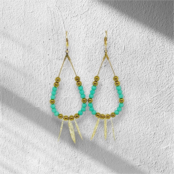 BOUTIQUE Gold and Turquoise Beaded Hoop Earrings, Classy, Dainty, Summer Dangles - Picture 6 of 9